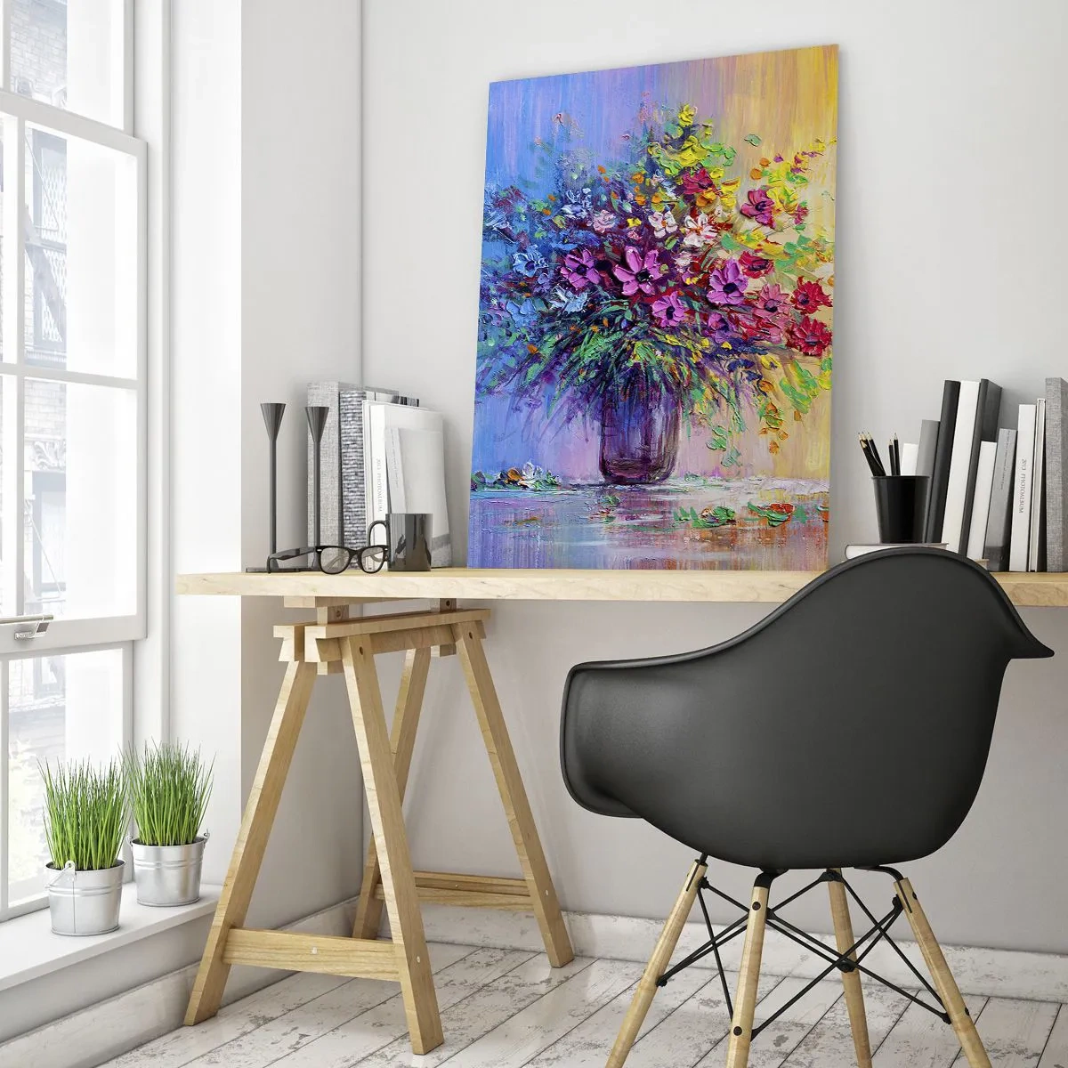 Impression sur verre - Image sur verre - Un bouquet de fleurs colorées dans un vase sur un fond abstrait - 50x70cm - Cadeau d'été de la prairie - Décoration murale moderne pour le salon et la chambre ARTTOR