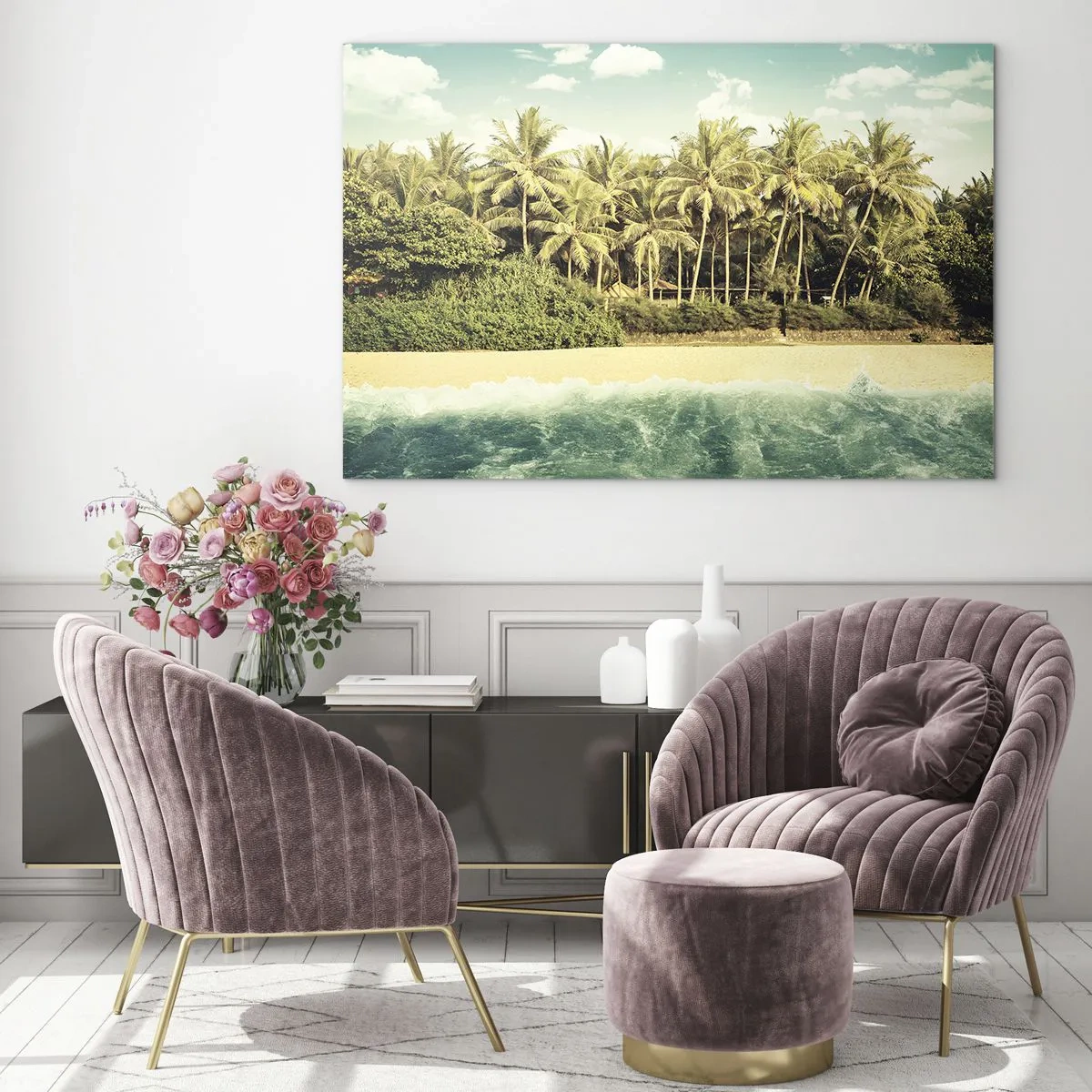 Impression sur verre - Image sur verre - Une plage exotique avec des palmiers et une mer turquoise par une journée ensoleillée - 120x80cm - Peut-être ici? - Décoration murale moderne pour le salon et la chambre ARTTOR