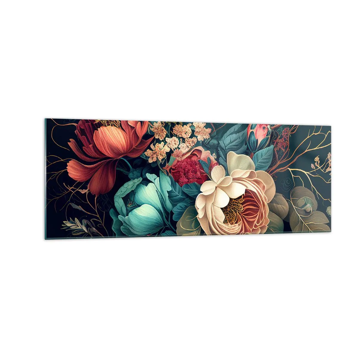 Impression sur verre - Image sur verre - Une composition colorée de fleurs sur un fond sombre - 140x50cm - le charme du 19ème siècle - Décoration murale moderne pour le salon et la chambre ARTTOR
