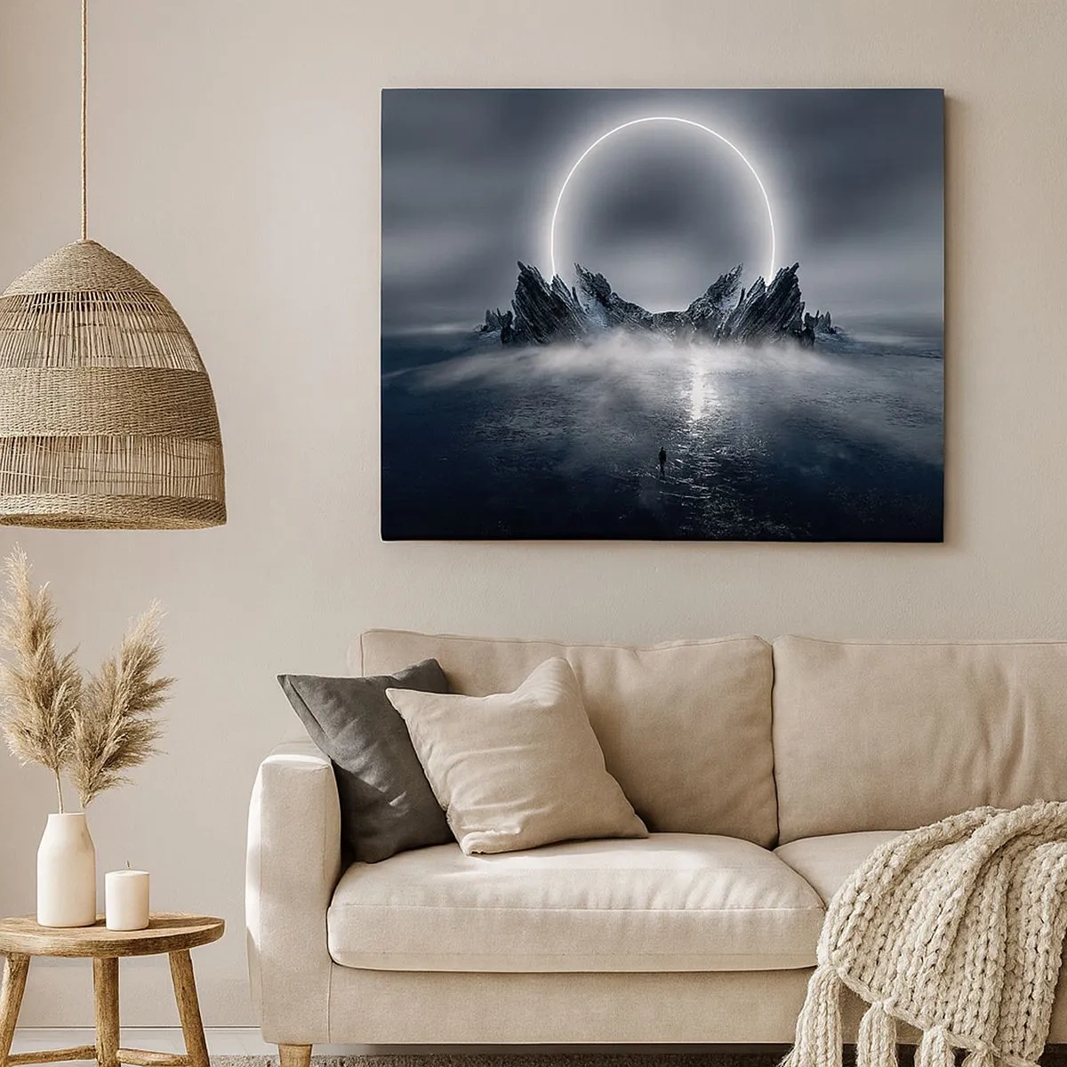 Impression sur toile - Image sur toile - Paysage mystérieux avec un anneau de lumière au-dessus des montagnes - 70x50cm - La fin de l'histoire - Décoration murale moderne pour le salon et la chambre ARTTOR