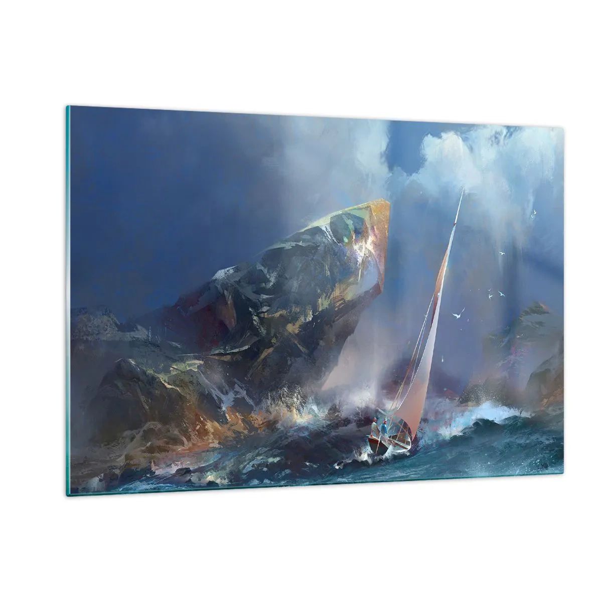 Impression sur verre - Image sur verre - Un voilier dans une tempête au large d'une côte rocheuse - 120x80cm - Celui qui est courageux, gagne - Décoration murale moderne pour le salon et la chambre ARTTOR