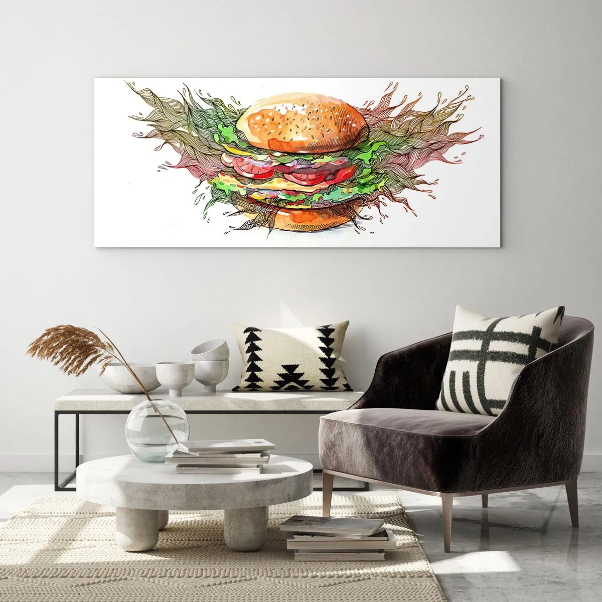 Impression sur verre - Image sur verre - Illustration artistique d'un burger avec des éléments dynamiques - 120x50cm - Tentation chaude - Décoration murale moderne pour le salon et la chambre ARTTOR