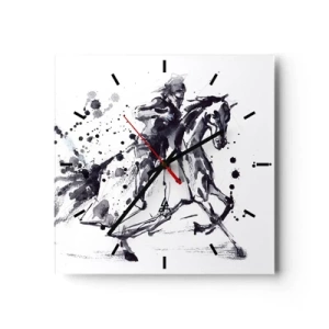 Horloge murale - Pendule murale - Aquarelle noir et blanc d'un cavalier sur un cheval au galop - 30x30cm - Chevalier noir - Décoration murale moderne pour le salon et la chambre ARTTOR