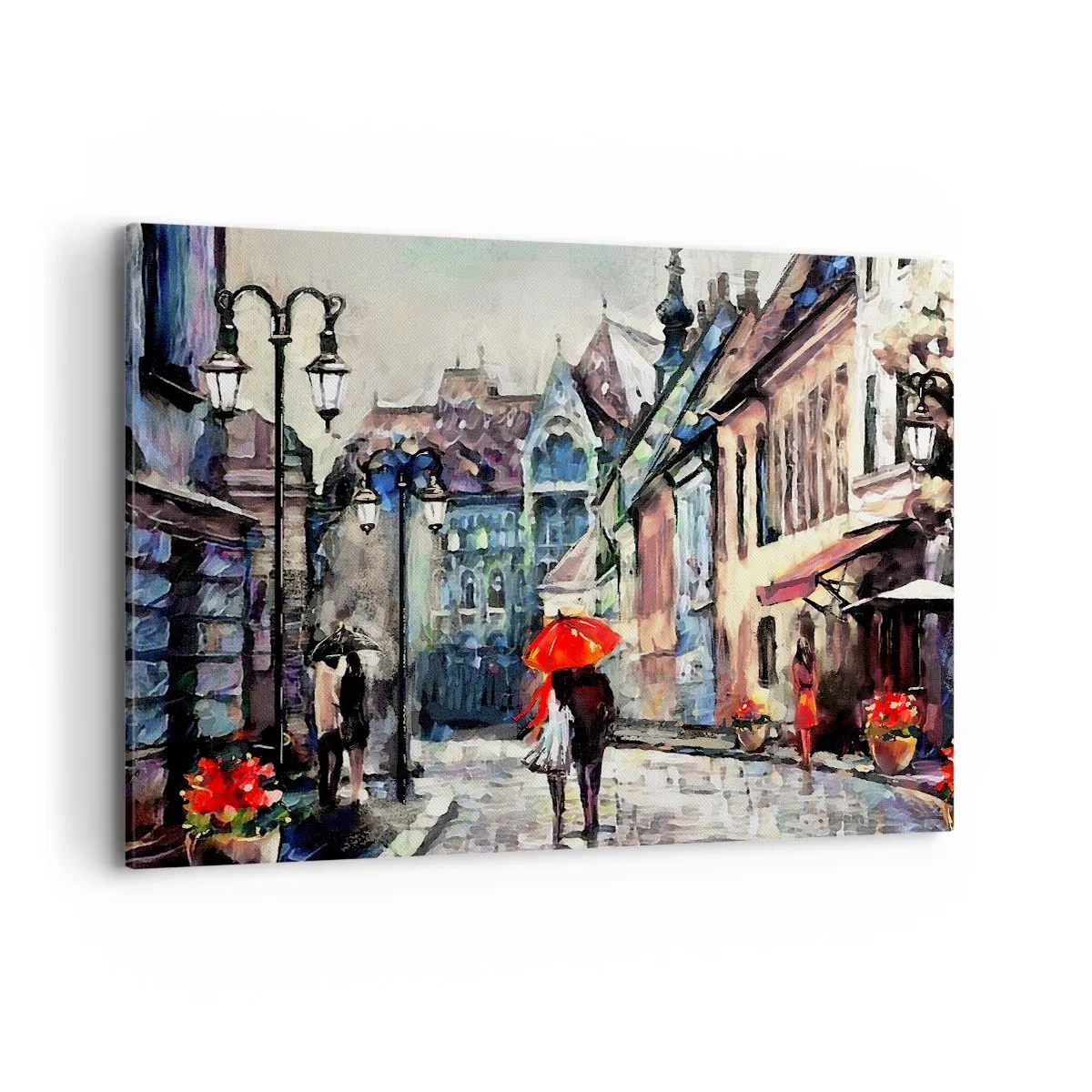 Impression sur toile - Image sur toile - Une charmante rue de la ville avec un couple sous un parapluie rouge - 120x80cm - Pluie pour deux - Décoration murale moderne pour le salon et la chambre ARTTOR