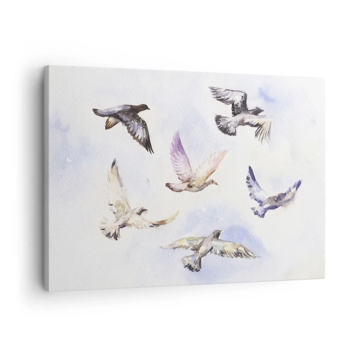Impression sur toile - Image sur toile - Oiseaux à l'aquarelle en vol sur un ciel délicat - 70x50cm - Liberté en gris et bleu - Décoration murale moderne pour le salon et la chambre ARTTOR