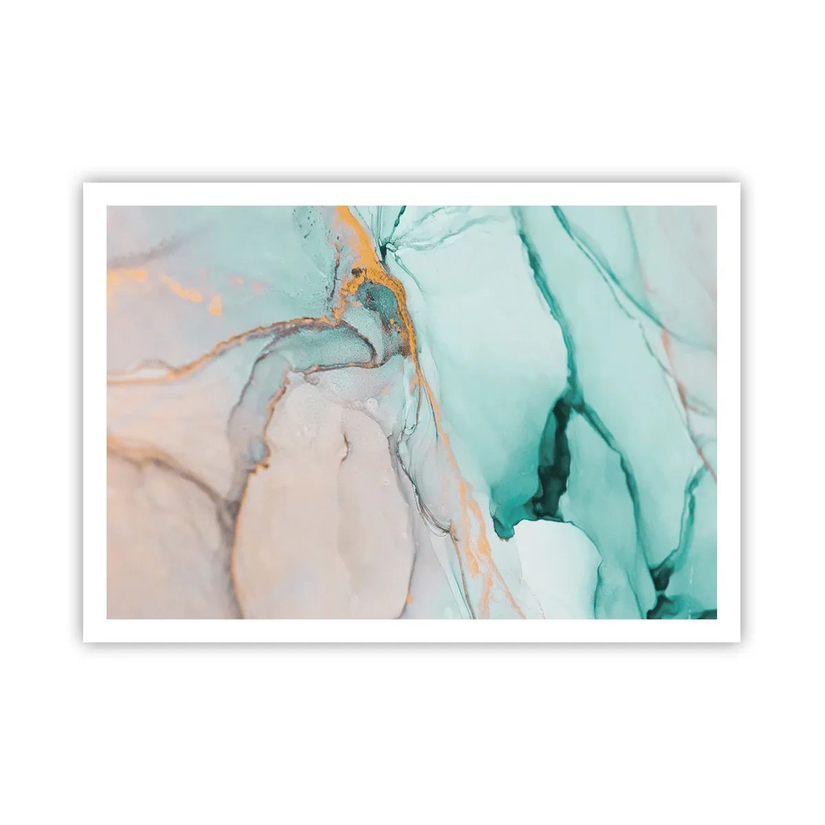 Affiche - Poster - Une composition abstraite dans des tons turquoise et or. - 100x70cm - Danse des formes et des couleurs - Décoration murale moderne pour le salon et la chambre ARTTOR