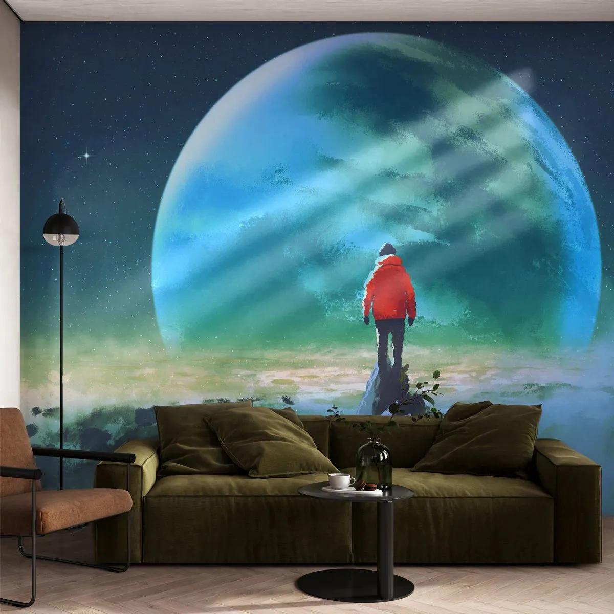 Papier Peint Photo Premium Sand - Un voyageur sur un sommet surplombant une planète géante - 100x70cm - Explorateur de la nouvelle terre - Décoration murale moderne pour le salon et la chambre ARTTOR