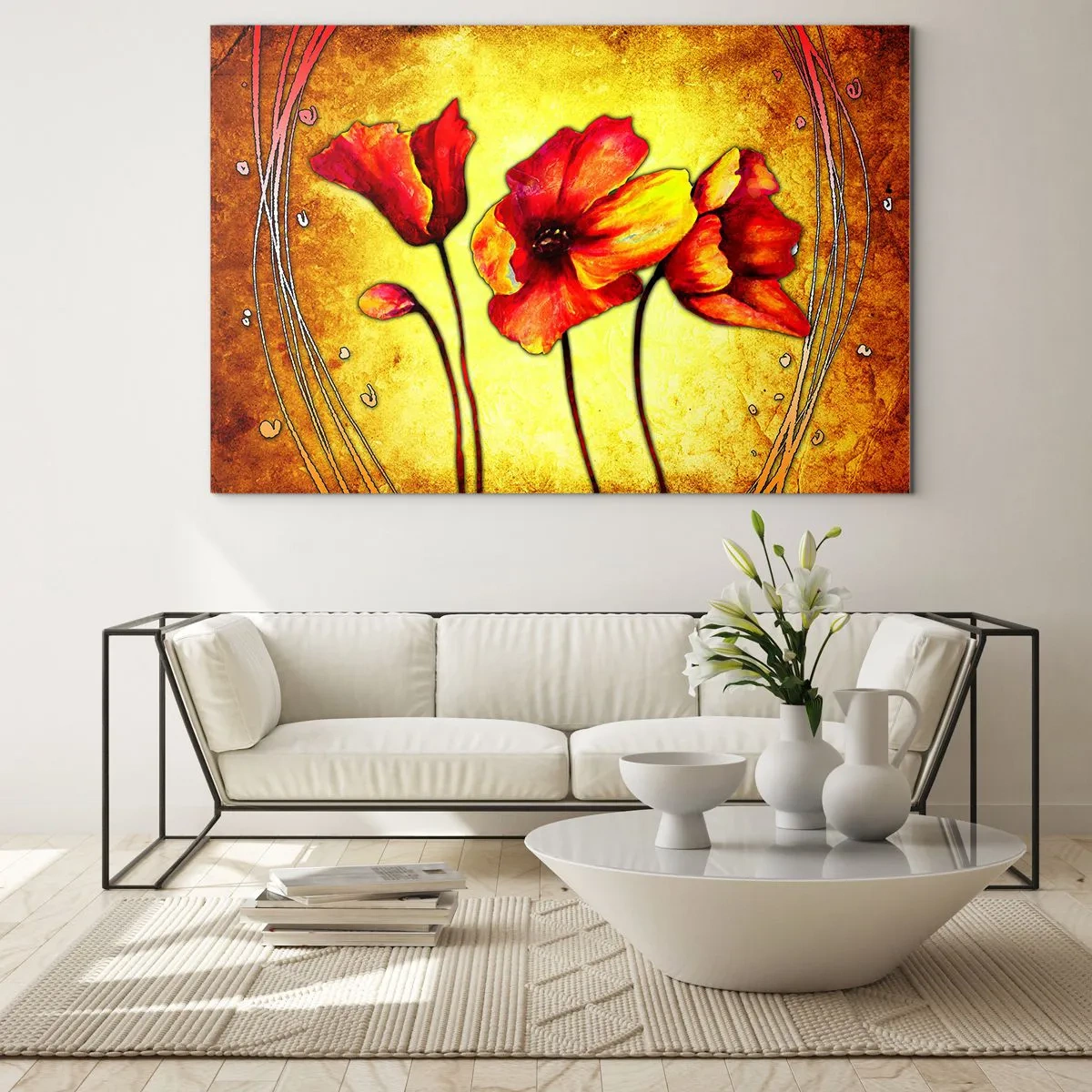 Impression sur verre - Image sur verre - Coquelicots rouges sur un fond de nuances dorées avec des détails artistiques - 100x70cm - Dans la décoration Art Nouveau - Décoration murale moderne pour le salon et la chambre ARTTOR