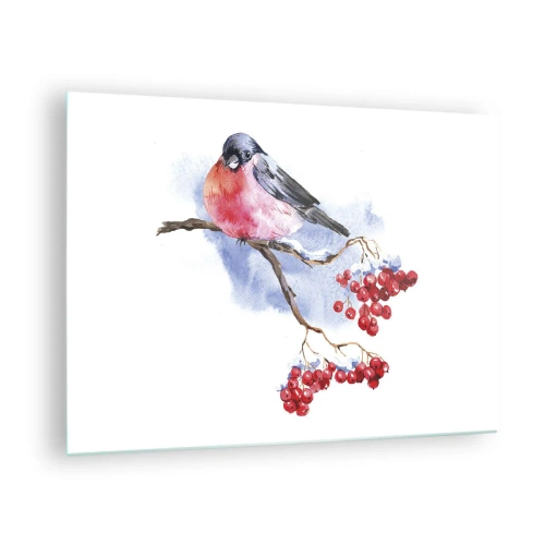 Impression sur verre - Image sur verre - Un oiseau sur une branche de sorbier - 70x50cm - L'hiver en couleurs - Décoration murale moderne pour le salon et la chambre ARTTOR