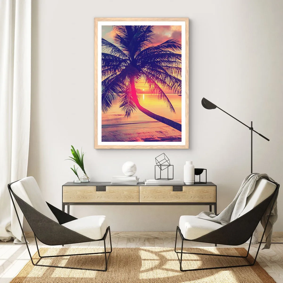 Affiche dans un chêne clair - Poster - Soirée sous les palmiers - 70x100 cm