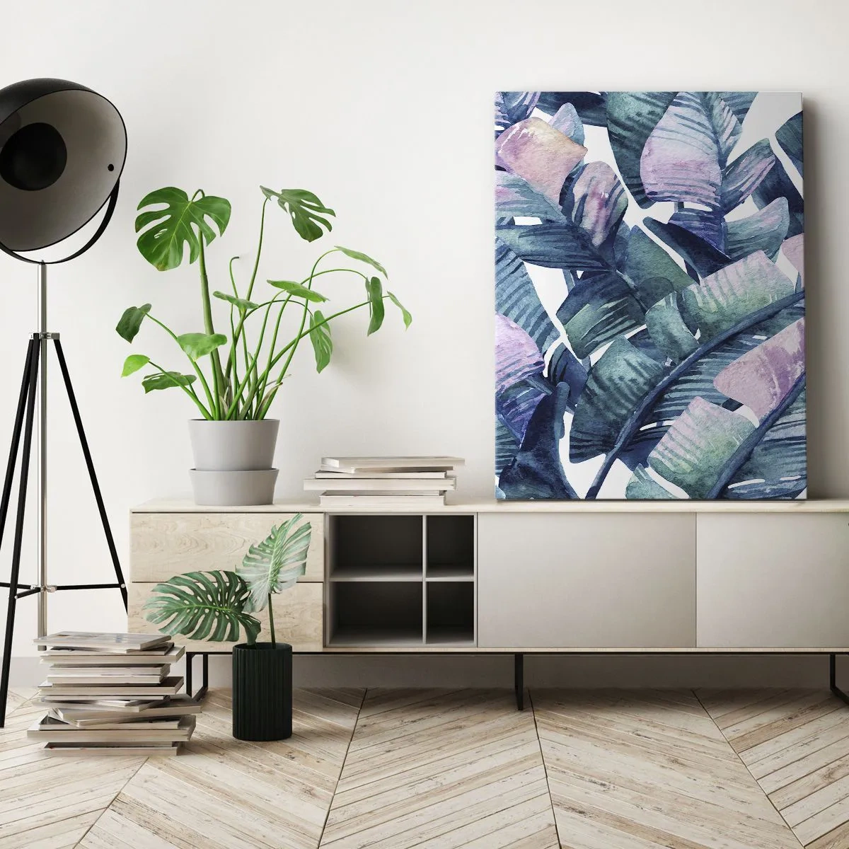 Impression sur toile - Image sur toile - Feuilles de bananier dans les tons bleu et rose - 50x70cm - Dans une bananeraie - Décoration murale moderne pour le salon et la chambre ARTTOR