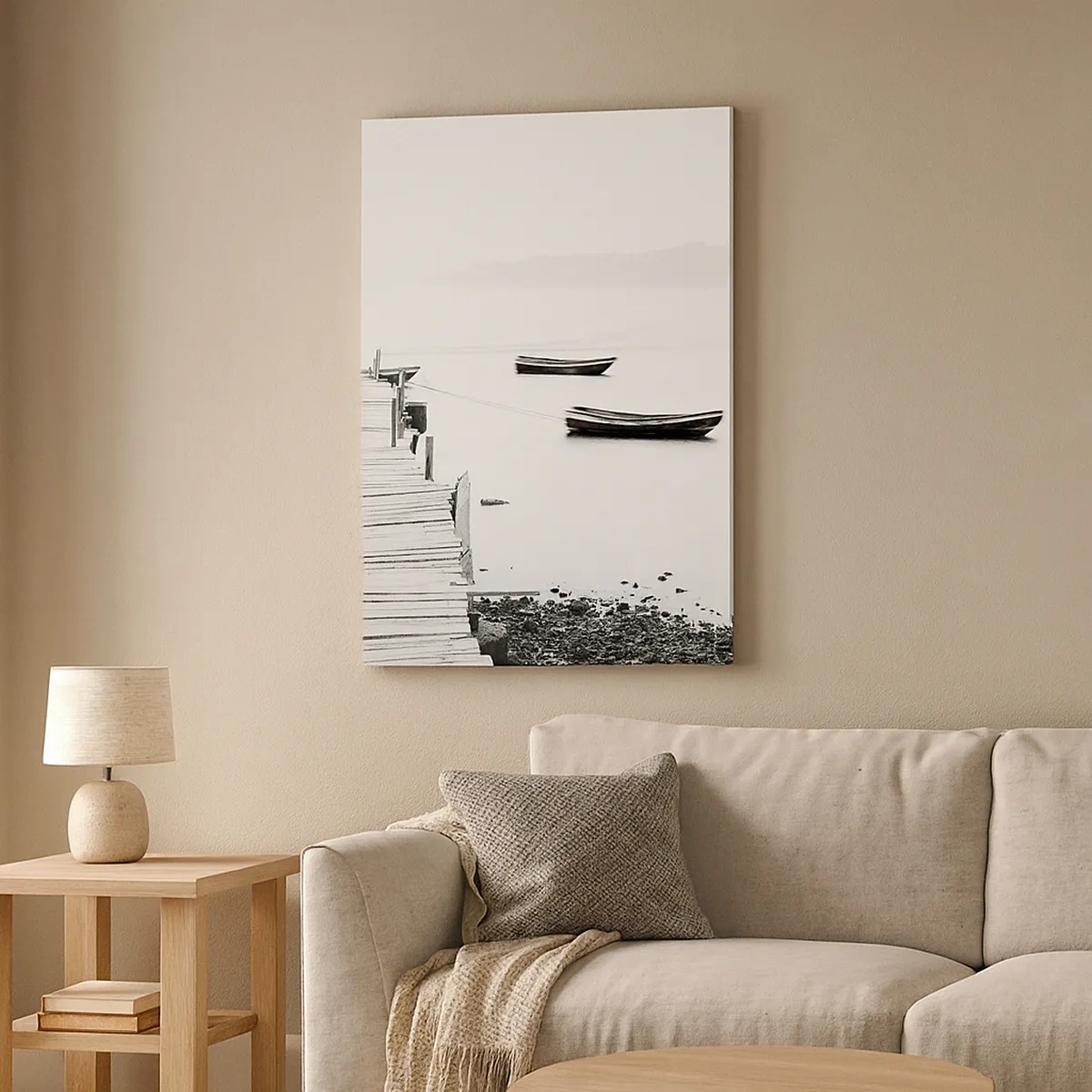 Impression sur toile - Image sur toile - Jetée en bois et bateaux sur une eau calme - 50x70cm - Calme et propre au bord de l'eau - Décoration murale moderne pour le salon et la chambre ARTTOR