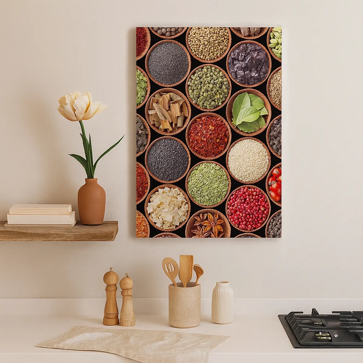 Impression sur toile - Image sur toile - Épices colorées dans des récipients ronds - 50x70cm - Toutes les saveurs du monde - Décoration murale moderne pour le salon et la chambre ARTTOR