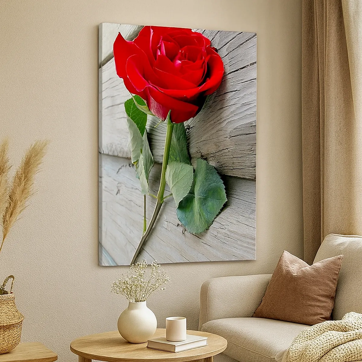Impression sur toile - Image sur toile - Rose rouge sur fond de bois - 50x70cm - Étude écarlate - Décoration murale moderne pour le salon et la chambre ARTTOR