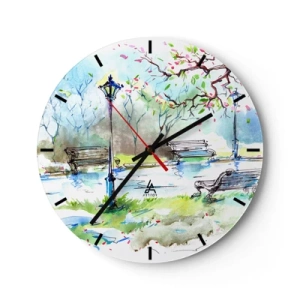 Horloge murale - Pendule murale - Un parc avec des bancs, des lanternes et des arbres en fleurs dans un style aquarelle. - 30x30cm - Le charme du silence d'un parc - Décoration murale moderne pour le salon, la cuisine et la chambre ARTTOR