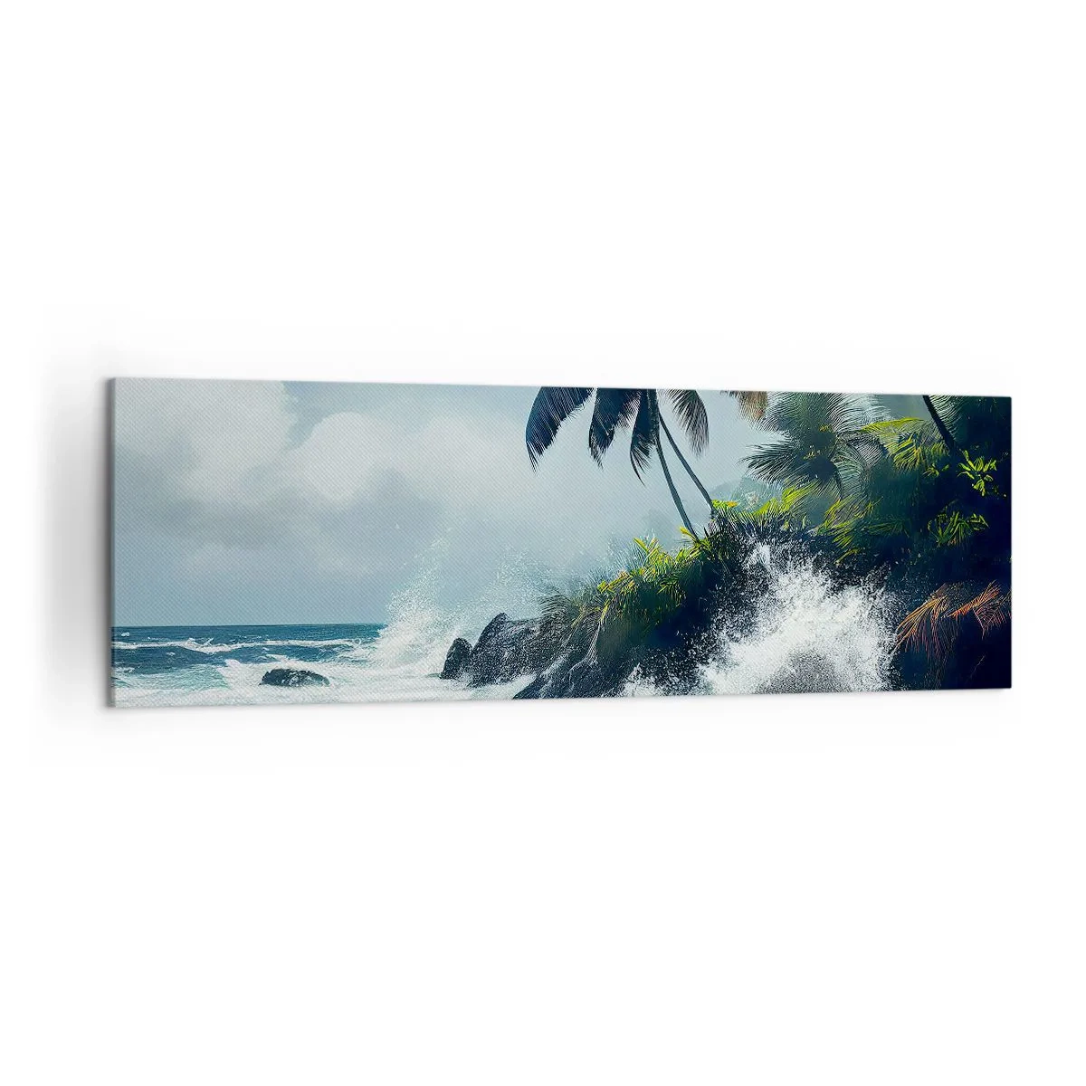 Impression sur toile - Image sur toile - Rivage tropical avec palmiers et mer agitée - 160x50cm - Sur une côte tropicale - Décoration murale moderne pour le salon et la chambre ARTTOR