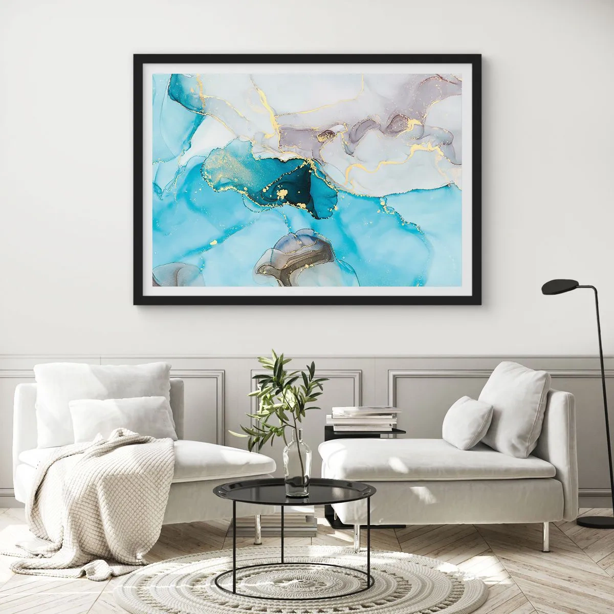 Affiche dans un cadre noir - Poster - Etude de la rencontre gris et turquoise - 50x40 cm