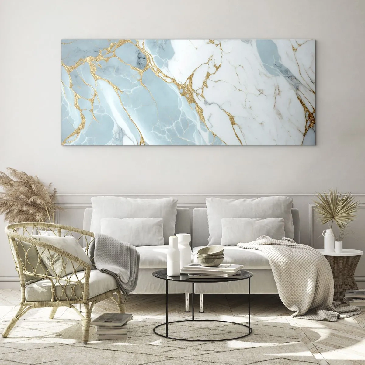 Impression sur verre - Image sur verre - Motifs en marbre bleu et blanc avec des veines dorées ajoutées - 140x50cm - Richesse en pierre - Décoration murale moderne pour le salon et la chambre ARTTOR