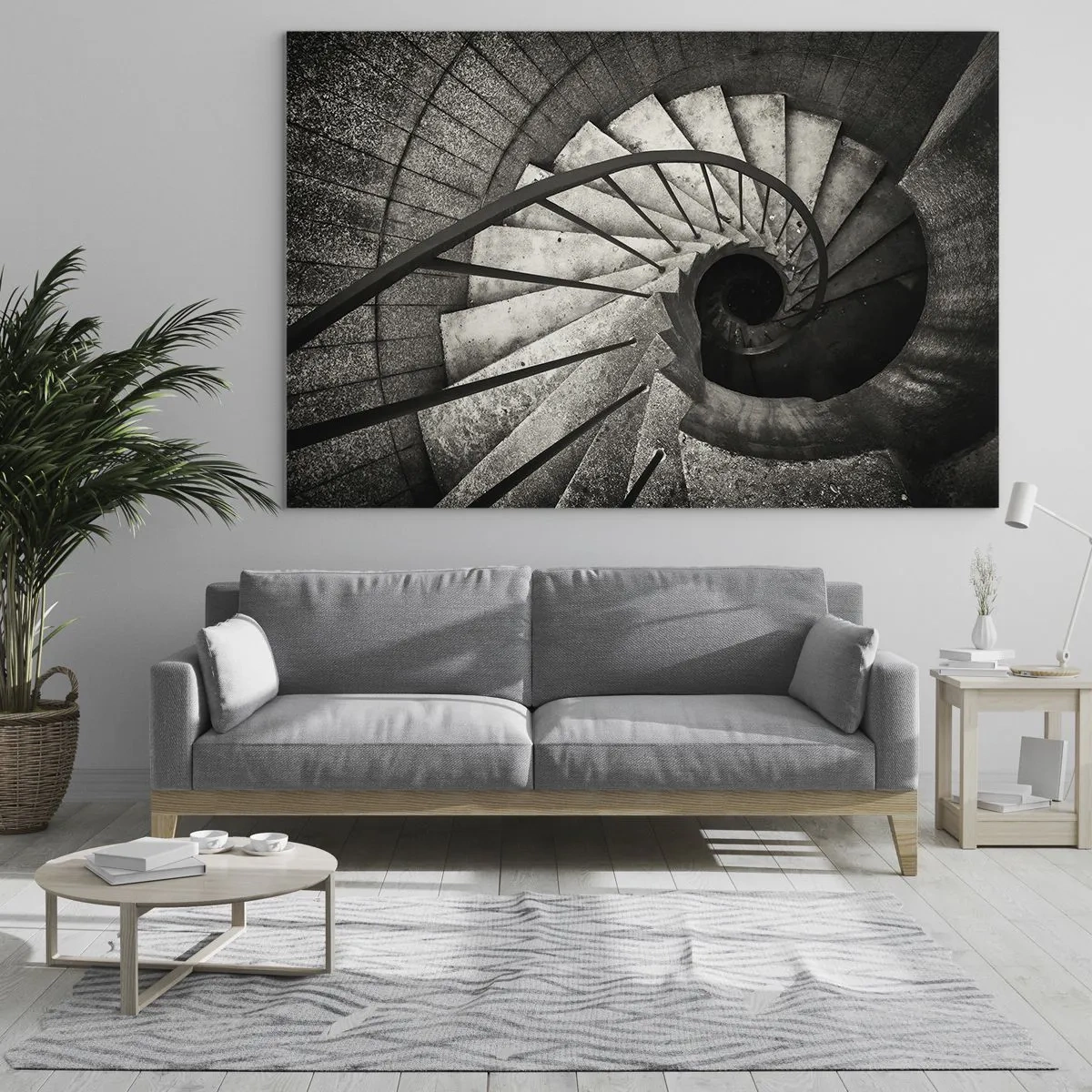 Impression sur verre - Image sur verre - Un escalier en colimaçon noir et blanc vu à vol d'oiseau - 100x70cm - En haut des escaliers, en bas des escaliers - Décoration murale moderne pour le salon et la chambre ARTTOR