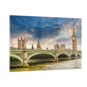 Impression sur verre - Image sur verre - Big Ben et le pont de Westminster au coucher du soleil - 120x80cm - Le temps s'est arrêté dans l'Empire - Décoration murale moderne pour le salon et la chambre ARTTOR