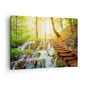 Impression sur toile - Image sur toile - Chemin forestier avec escaliers en bois près de la cascade - 70x50cm - Une fraîcheur tant désirée - Décoration murale moderne pour le salon et la chambre ARTTOR
