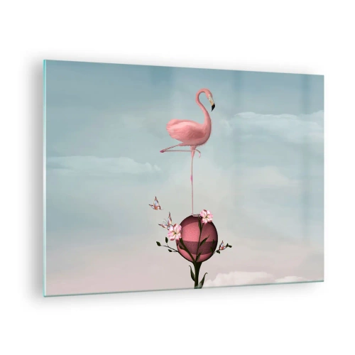 Impression sur verre - Image sur verre - Un flamant rose debout sur une boule décorative avec des fleurs et des papillons. - 70x50cm - Allégorie du basket-ball - Décoration murale moderne pour le salon et la chambre ARTTOR