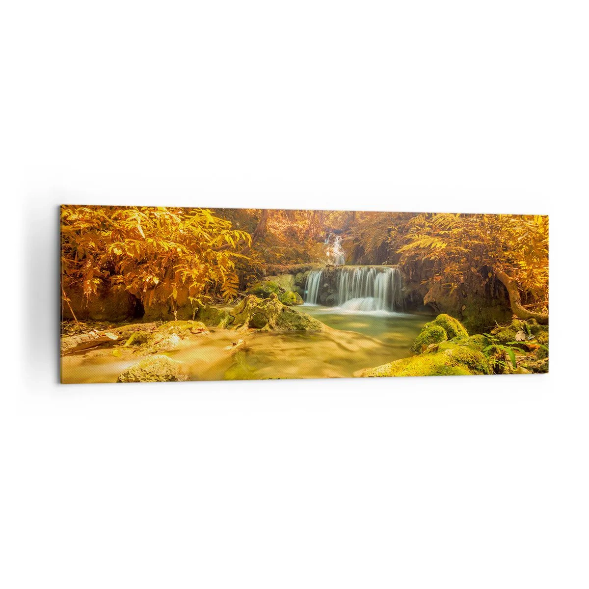 Impression sur toile - Image sur toile - Une cascade dorée dans une forêt d'automne entourée de verdure - 160x50cm - Cascade de forêt en or - Décoration murale moderne pour le salon et la chambre ARTTOR