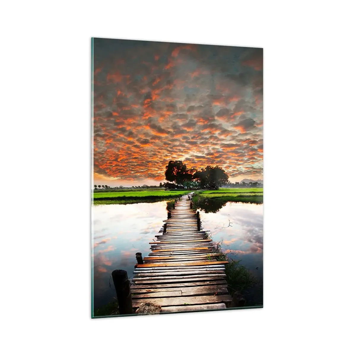 Impression sur verre - Image sur verre - Pont en bois sur l'eau au coucher du soleil - 80x120cm - Étendez vos bras - respirez - Décoration murale moderne pour le salon et la chambre ARTTOR