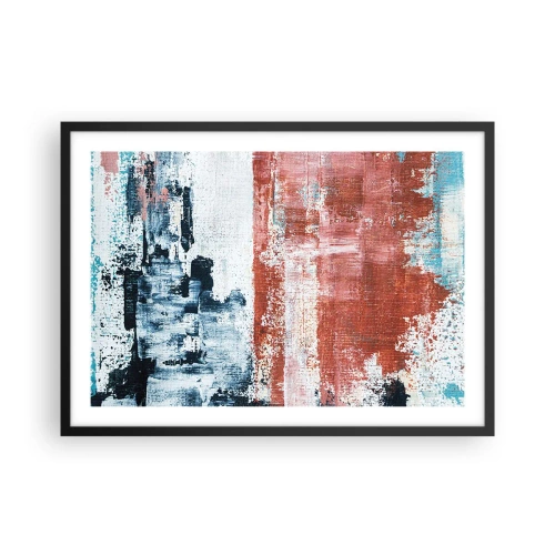 Affiche dans un cadre noir - Poster - Abstraction aux couleurs blanc, bleu et brique - 70x50cm - Moitié-moitié abstrait - Décoration murale moderne pour le salon et la chambre ARTTOR