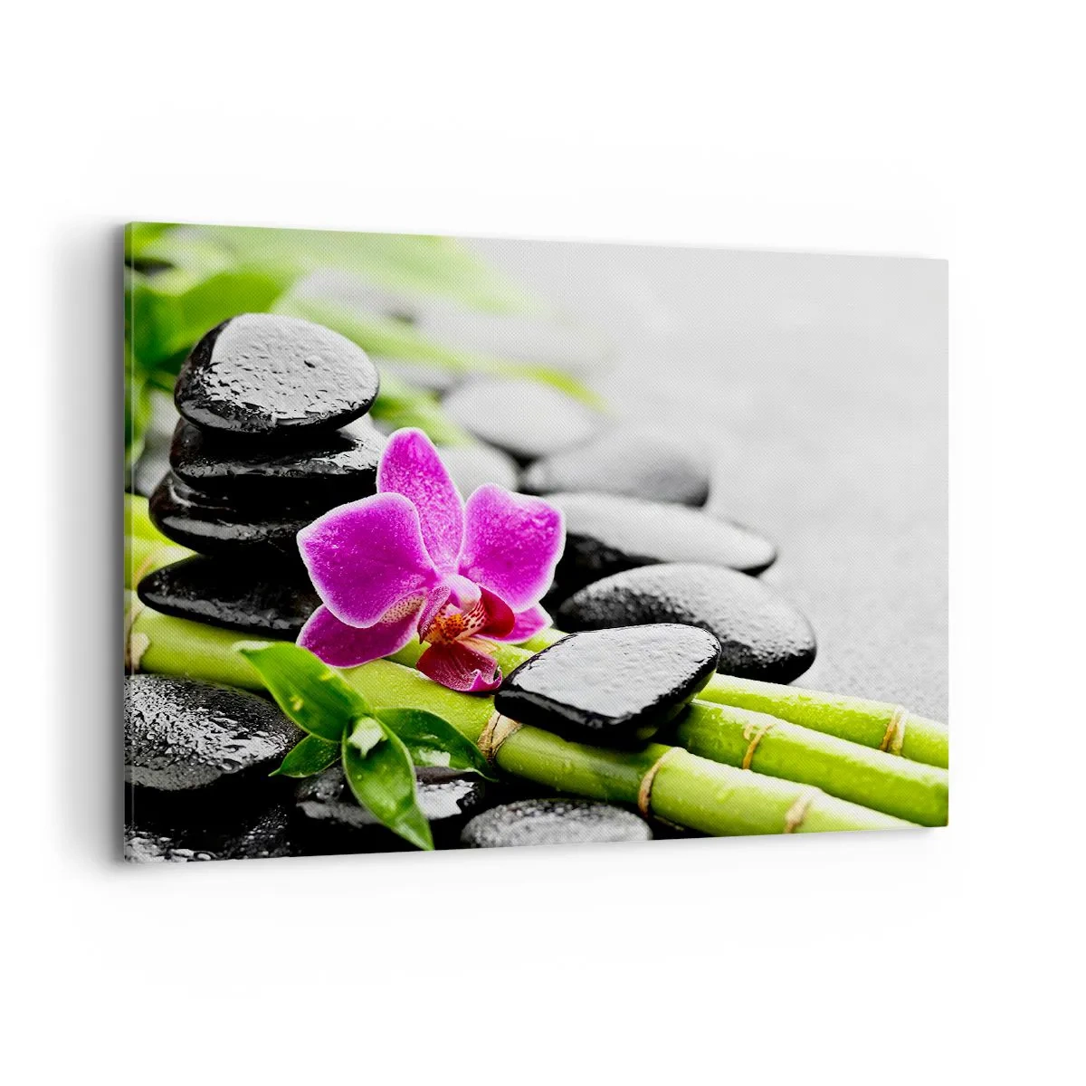 Impression sur toile - Image sur toile - Orchidée violette, pierres noires et bambou dans une composition tranquille - 100x70cm - Dans un équilibre de calme - Décoration murale moderne pour le salon et la chambre ARTTOR