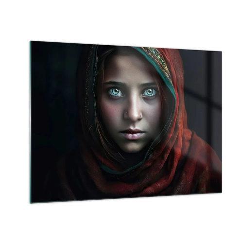 Impression sur verre - Image sur verre - Portrait d'une femme portant un foulard rouge sur fond sombre - 70x50cm - Princesse orientale - Décoration murale moderne pour le salon et la chambre ARTTOR