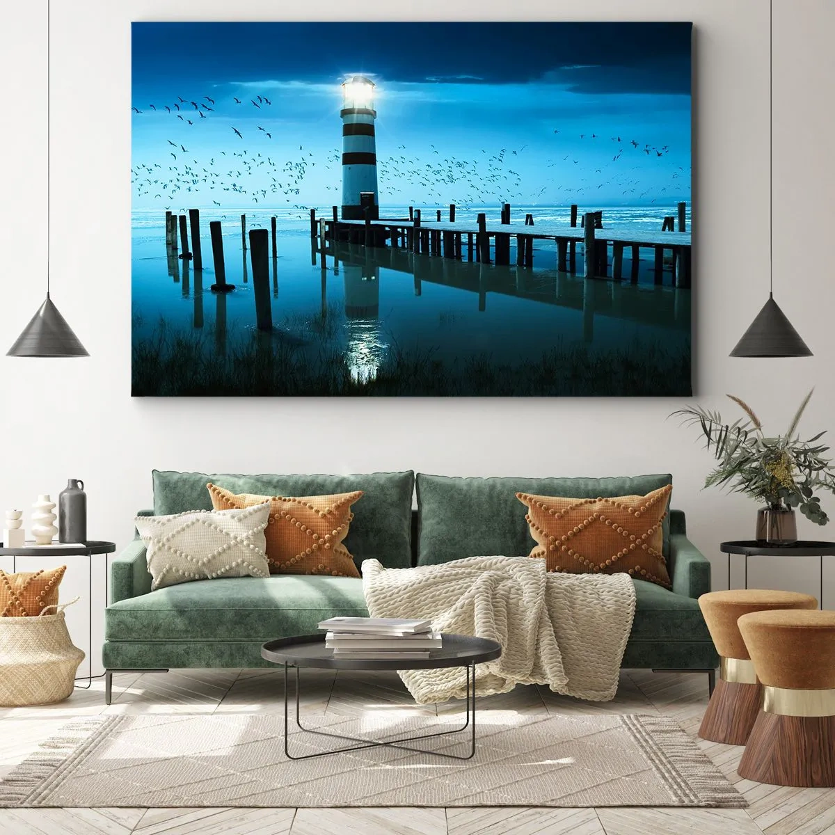 Impression sur toile - Image sur toile - Le phare de la jetée illuminé la nuit - 100x70cm - Et tu n'as pas peur du noir - Décoration murale moderne pour le salon et la chambre ARTTOR