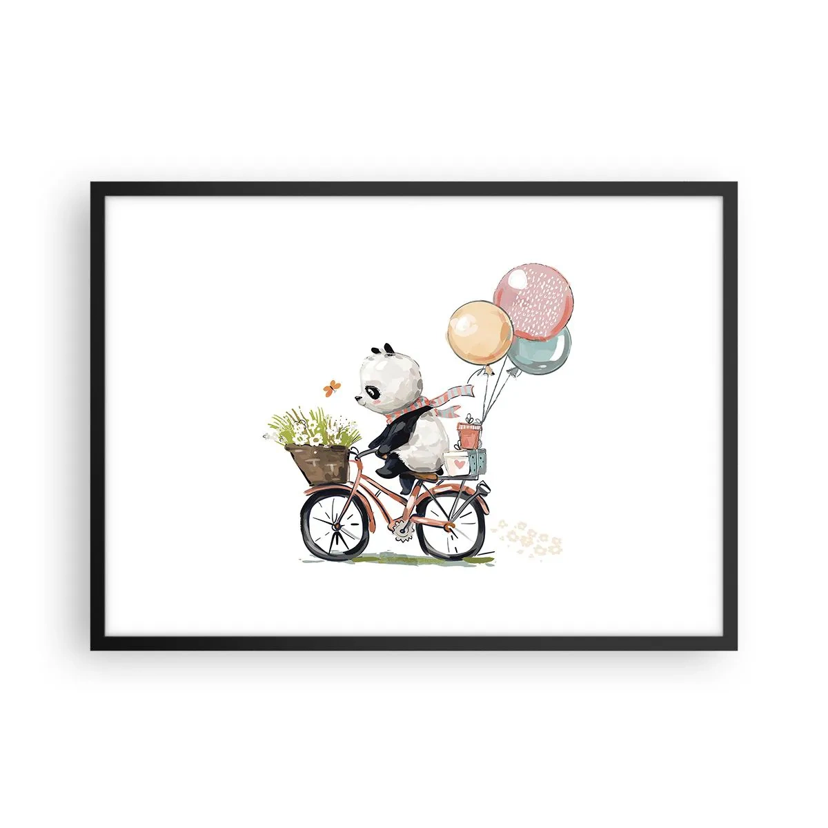 Affiche dans un cadre noir - Poster - Panda sur un vélo avec des ballons et des fleurs - 70x50cm - Jour de chance - Décoration murale moderne pour le salon et la chambre ARTTOR
