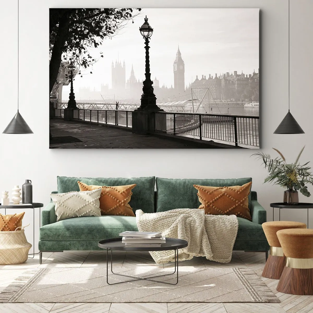 Impression sur toile - Image sur toile - Une vue monochrome de Big Ben et de la Tamise. - 100x70cm - Un matin londonien - Décoration murale moderne pour le salon et la chambre ARTTOR