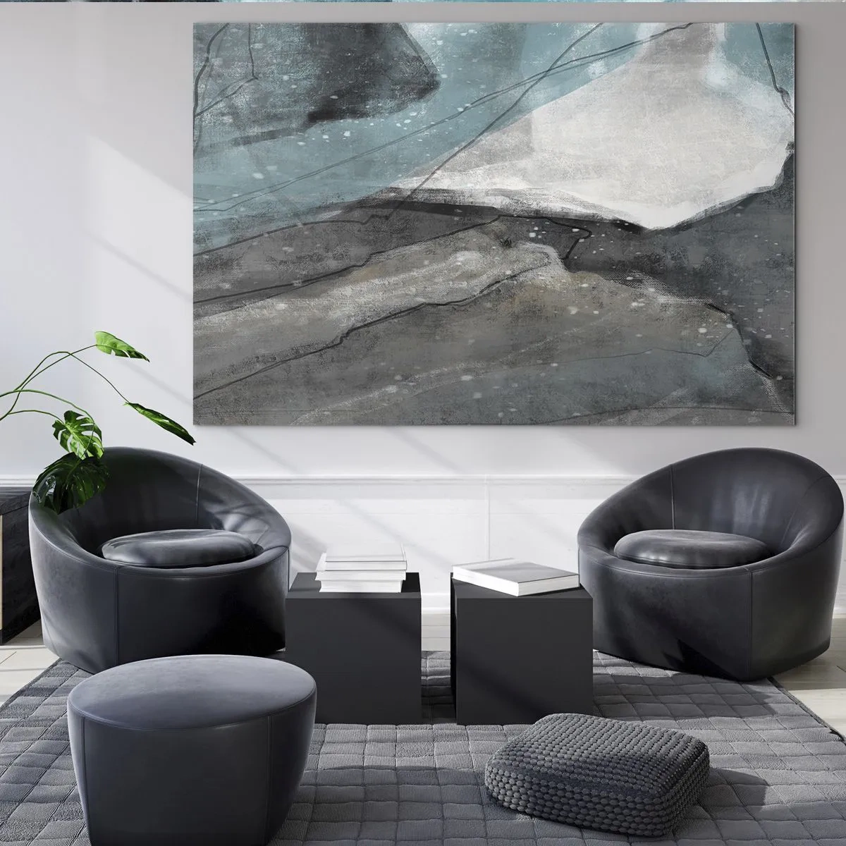 Impression sur verre - Image sur verre - Une représentation abstraite de roches et de glace dans une palette de couleurs froides. - 70x50cm - Résumé : roches et glace - Décoration murale moderne pour le salon et la chambre ARTTOR