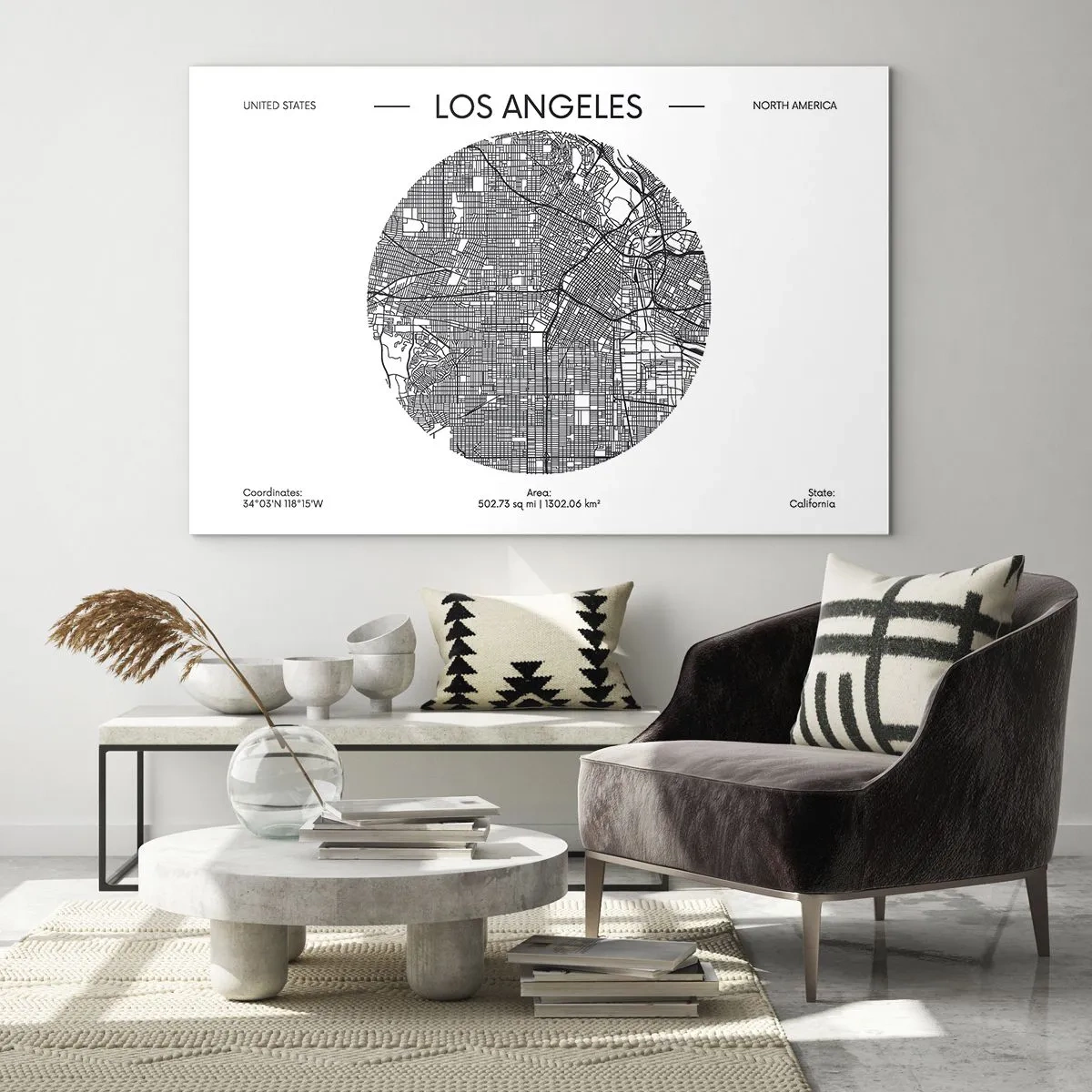 Impression sur verre - Image sur verre - Une carte minimaliste en noir et blanc de Los Angeles. - 70x50cm - Anatomie de Los Angeles - Décoration murale moderne pour le salon et la chambre ARTTOR