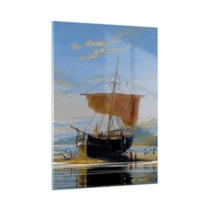 Impression sur verre - Image sur verre - Un navire avec une voile au bord de la mer dans un style pictural - 50x70cm - Eau, terre, air - Décoration murale moderne pour le salon et la chambre ARTTOR