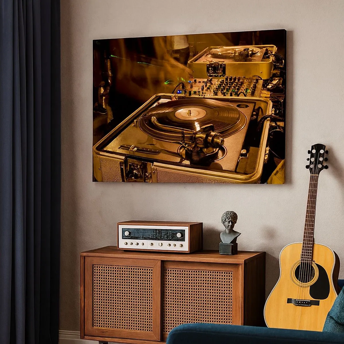 Impression sur toile - Image sur toile - Équipement DJ avec platine et table de mixage lors d'une fête - 70x50cm - Sentez-vous cette force? - Décoration murale moderne pour le salon et la chambre ARTTOR