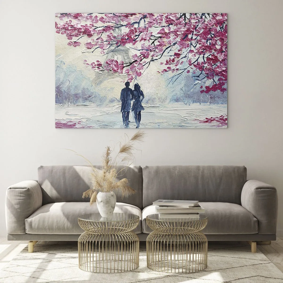 Impression sur verre - Image sur verre - Un couple se promenant sous des arbres en fleurs - 70x50cm - Ballade romantique - Décoration murale moderne pour le salon et la chambre ARTTOR