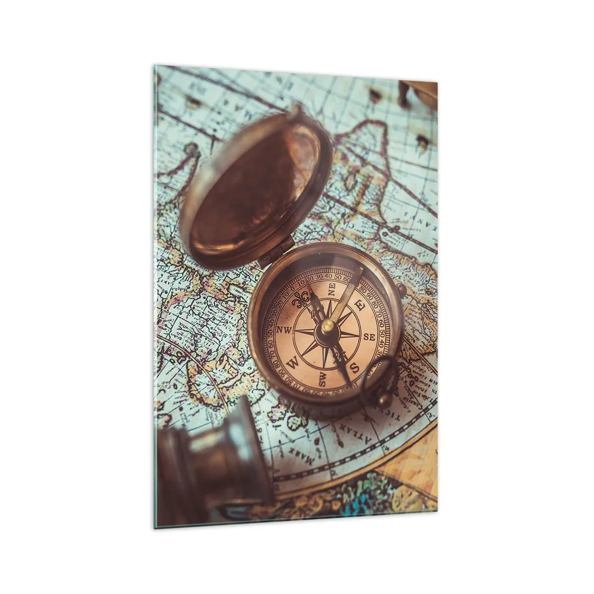 Impression sur verre - Image sur verre - Composition avec une boussole, des clés et une vieille carte dans un style rétro - 70x100cm - Pour ceux qui recherche l'aventure - Décoration murale moderne pour le salon et la chambre ARTTOR