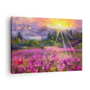 Impression sur toile - Image sur toile - Une prairie pittoresque sous les rayons du soleil couchant - 70x50cm - Dans la vallée à l'abri du soleil - Décoration murale moderne pour le salon et la chambre ARTTOR