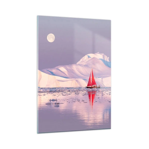 Impression sur verre - Image sur verre - Un voilier sur fond de glaciers au clair de lune - 50x70cm - La chaleur de la voile, le froid de la glace - Décoration murale moderne pour le salon et la chambre ARTTOR