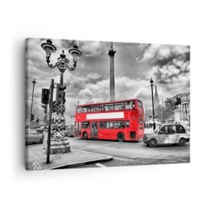 Impression sur toile - Image sur toile - Un bus rouge à impériale sur fond de ville en noir et blanc - 70x50cm - La vraie circulation sanguine de la ville - Décoration murale moderne pour le salon et la chambre ARTTOR