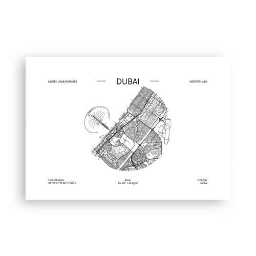 Affiche - Poster - Une carte minimaliste en noir et blanc de Dubaï avec des marquages de localisation. - 100x70cm - Anatomie de Dubaï - Décoration murale moderne pour le salon et la chambre ARTTOR