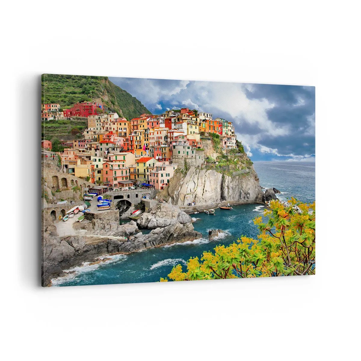 Impression sur toile - Image sur toile - Maisons colorées sur une falaise surplombant la mer aux Cinque Terre - 120x80cm - Un groupe embrassant les rochers - Décoration murale moderne pour le salon et la chambre ARTTOR