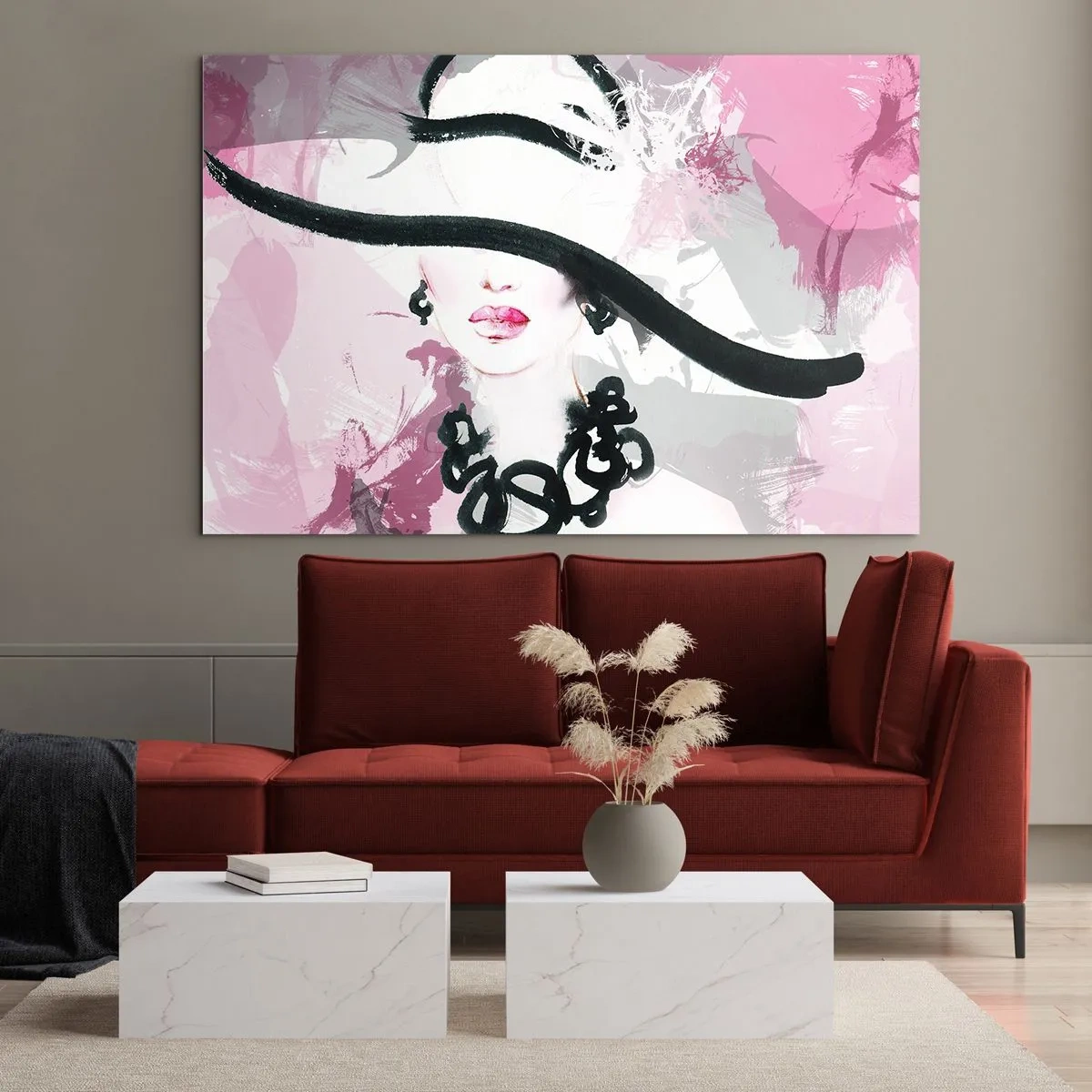 Impression sur verre - Image sur verre - Portrait d'une femme au chapeau noir sur fond rose - 100x70cm - Portrait d'une dame en noir et rose - Décoration murale moderne pour le salon et la chambre ARTTOR