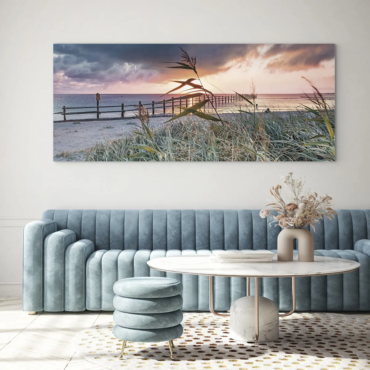Impression sur verre - Image sur verre - Plage au coucher du soleil avec des herbes au premier plan - 160x50cm - Ça ne passe pas avec le vent - Décoration murale moderne pour le salon et la chambre ARTTOR
