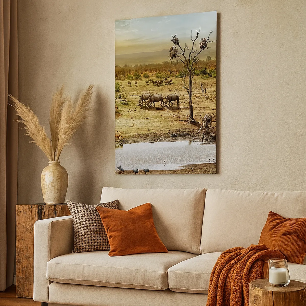 Impression sur toile - Image sur toile - Éléphants et animaux sauvages à un point d'eau au coucher du soleil - 50x70cm - "Et d'Eden coulait une rivière..." - Décoration murale moderne pour le salon et la chambre ARTTOR