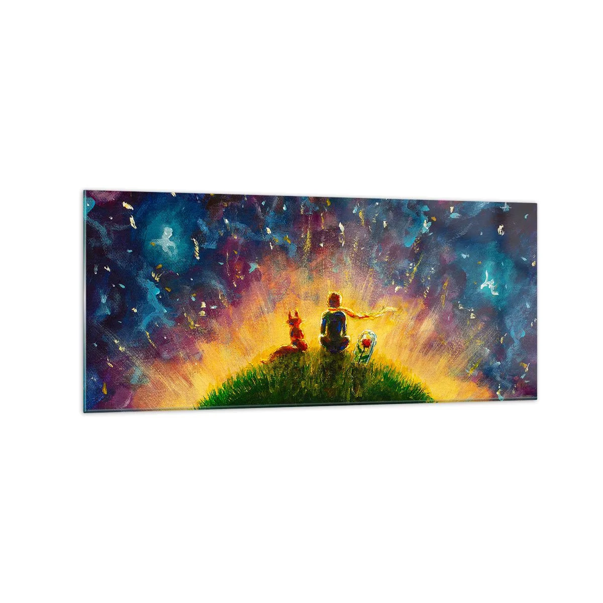 Impression sur verre - Image sur verre - Personnages sur une colline verdoyante entourée d'un ciel étoilé - 120x50cm - Amour et amitié - le monde entier - Décoration murale moderne pour le salon et la chambre ARTTOR