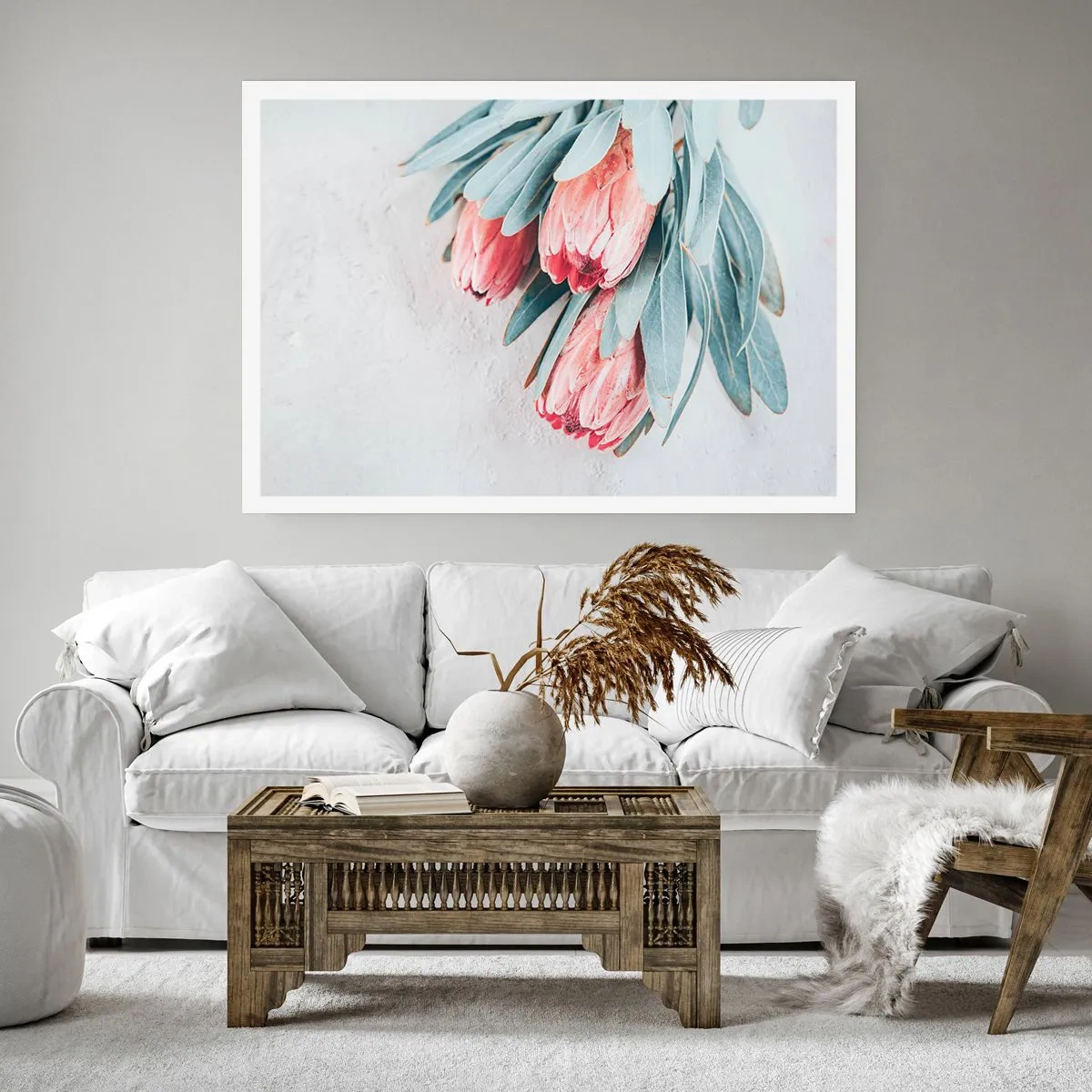 Affiche - Poster - Fleurs de protéa roses subtiles sur fond clair - 100x70cm - Honte de leur propre beauté - Décoration murale moderne pour le salon et la chambre ARTTOR
